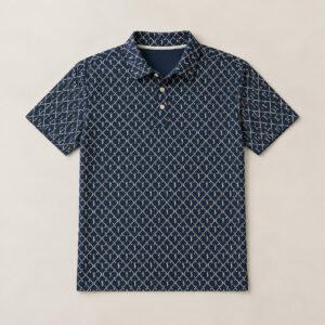 Clubhouse Stripe Men's Polo Shirt with all-over lattice of thin lines in navy and cream with a tiny repeating key motif
