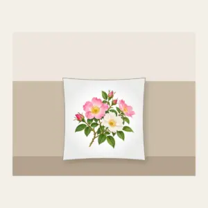 Wild Rose Branch Pillow in white: A branch of wild roses with pink and white blossoms and fresh green leaves.