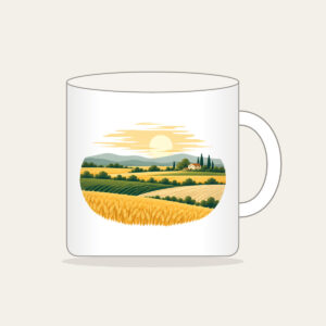 Farm Field Strips Under a Low Sun Mug in white: Horizontal strips of gold, green and sand lie under a low pale sun.