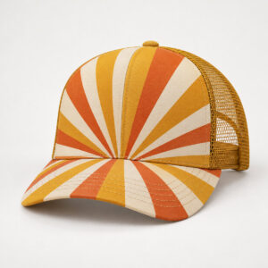 Sunburst Stripe Trucker Cap with all-over radiating stripes in mustard, orange and cream across the front panel