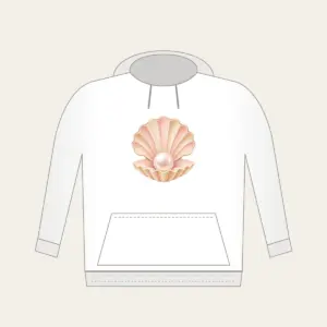 Scallop Shell Holding a Pearl Hoodie in white: A scallop shell holds a single pearl in blush and sand tones.