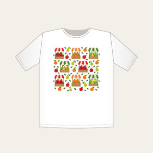Fruit Crates and Striped Awnings T-Shirt in white: Crates of apples, oranges and pears under striped awnings in red, orange and green on cream, balanced for little ones.