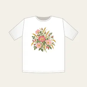 Prairie Roses and Wheat on Cream T-Shirt in white: Prairie roses and wheat stalks in rose, gold and sage scatter across a cream ground.