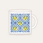 Cobalt Mediterranean Tiles with Lemons Mug in white: An all-over repeat of Mediterranean-style tiles in cobalt and white with small lemon accents.