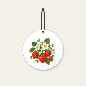 Strawberry Cluster with Blossoms Ceramic Ornament in white: A cluster of ripe strawberries with white blossoms and tiny leaves in red, green and cream.