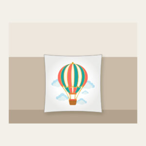 Striped Hot Air Balloon Pillow in white: A hot air balloon with coral, teal and gold stripes drifts above small clouds, a tiny basket below.