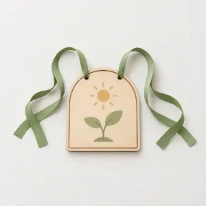 Little Sprout Stroller Sign with a tiny two-leaf sprout in soft green with a small sun above