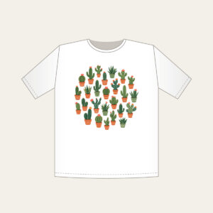 Potted Cacti in Terracotta T-Shirt in white: Potted cacti in terracotta and green repeat on a cream ground.