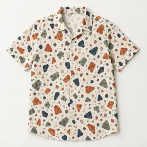Terrazzo Tile Button-Down Shirt with an all-over terrazzo pattern of chips in terracotta, sage, navy and cream on a warm white field