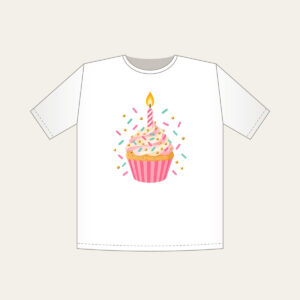 Candlelit Cupcake with Sprinkles T-Shirt in white: A cupcake with a lit candle and scattered sprinkles in pink, mint and gold.