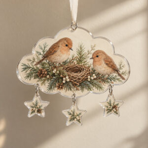 Cloud-shaped acrylic ornament printed with two birds and a nest, with a small cluster of star charms hanging below