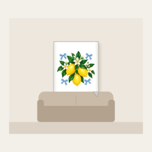 Lemons with Gingham Corners Fleece Blanket in white: Bright yellow lemons and deep green leaves on a clean white ground, tucked with small blue gingham accents.