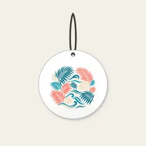 Palm Fronds and Wave Lines Ceramic Ornament in white: Palm fronds and flowing wave lines in teal, coral and cream.