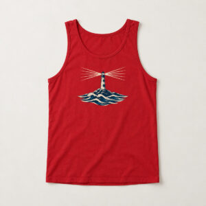 Red Lighthouse Sweep Jersey Tank with compact front chest panel print of a slim lighthouse with a fan of light beams over layered waves in cream and navy