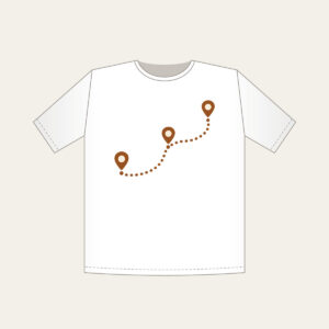Dotted Route Linking Map Pins T-Shirt in white: A dotted route line connects small map pins in cream on warm brown.