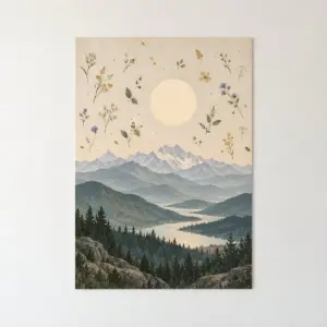Botanical Mountain Poster with a layered mountain landscape with a pale sun and small botanical stamps scattered in the sky
