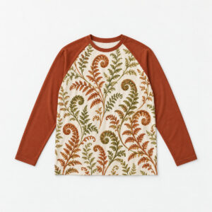 Autumn Fern Raglan Long Sleeve with unfurling ferns in rust and olive on a cream body with solid rust sleeves