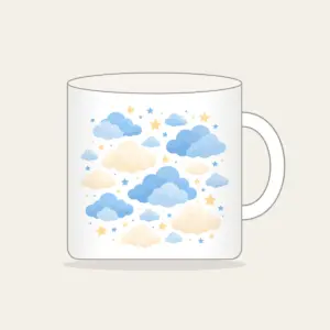 Cloudy Night Sky with Tiny Stars Mug in white: Gentle clouds and tiny stars drift across blue and cream.