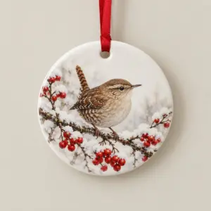 Glossy Winter Wren Ceramic Ornament with artwork of a wren on a snowy branch with red berries in brown, red and white, Circle fixed shape, 1-side printed