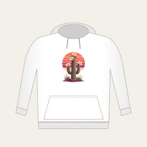 Flowering Saguaro and Striped Sun Hoodie in white: A flowering saguaro cactus stands against a striped sunset sun in coral, plum and cream.