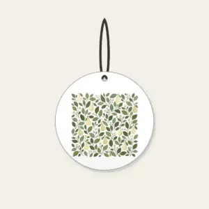 Pear and Leaf Mosaic Ceramic Ornament in white: Leaves and tiny pears form a mosaic in sage, olive and cream.