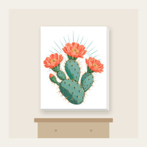 Prickly Pear with Three Coral Blossoms Canvas Print in white: A prickly pear cactus with three coral blossoms and fine sun rays in weathered turquoise and coral.