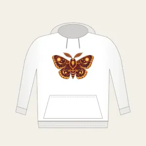 Glowing Amber Moth Hoodie in white: A large moth with intricately patterned wings, each marked with a glowing circle in amber and plum.