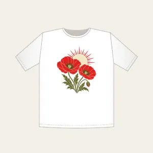 Twin Poppies and a Rising Sun T-Shirt in white: Two poppies beneath a rising sun in red, cream and olive.