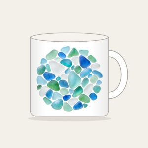 Sea-Glass Pebbles in Blues and Greens Mug in white: Rounded sea-glass pebbles in pale blues, greens and frosted white.
