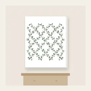 Forest Green Trellis with Tiny Leaves Canvas Print in white: Trellis lines with small leaves in forest green, cream and sage repeat all over.