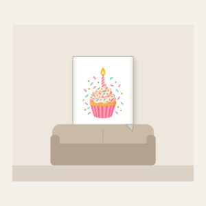 Candlelit Cupcake with Sprinkles Fleece Blanket in white: A cupcake with a lit candle and scattered sprinkles in pink, mint and gold.