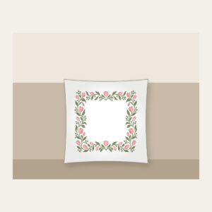 Sage Vine and Tulip Border Pillow in white: A border of curling sage vines and blush tulips around an empty center.
