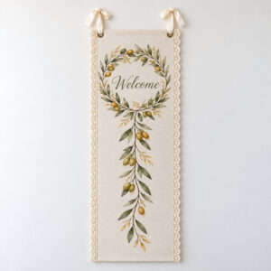 Olive Wreath Linen Lace Welcome Banner with an olive wreath in sage and gold around the word "Welcome" in the upper part of the long narrow banner with a slim olive sprig trailing below