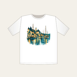 Harbour Lanterns and Masts T-Shirt in white: Harbour lanterns, masts and ripples in teal, amber and cream.