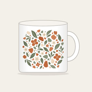 Garden Terrazzo of Leaves and Blossoms Mug in white: An all-over terrazzo of leaves, pebbles and blossoms in terracotta, sage and cream.