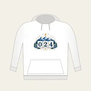 Mountain and Star Border with 024 Hoodie in white: A border of mountains and stars surrounds a three-digit counter reading 024.