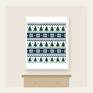 Fair-Isle Bands of Pines and Stars Canvas Print in white: Fair-isle bands of pines and stars in cream, forest green and navy repeat all over.