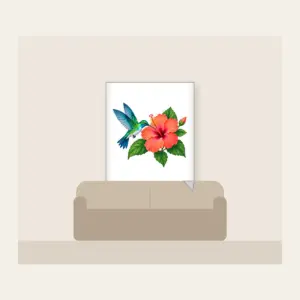 Hummingbird and Hibiscus Fleece Blanket in white: A hummingbird beside a coral hibiscus flower with green leaves on a pale teal field.