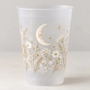 Frosted Moon Garden Cup with frosted band of a moon and wildflowers in white and soft gold around the cup