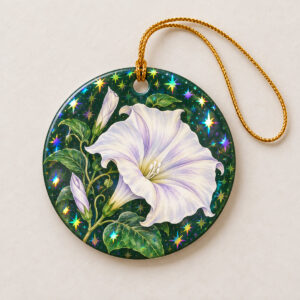 Moonflower Ceramic Hologram Ornament with a large moonflower in white and lavender on a deep green ground