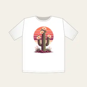 Flowering Saguaro and Striped Sun T-Shirt in white: A flowering saguaro cactus stands against a striped sunset sun in coral, plum and cream.