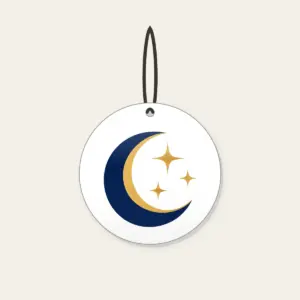 Golden Crescent and Three Stars Ceramic Ornament in white: A gold crescent moon and three small stars sit on deep navy.