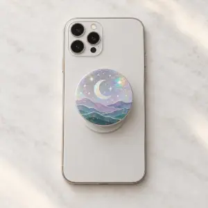 Paper Moon Hologram Phone Grip with round grip face with a crescent moon over layered hills in silver, lilac and teal, Star Hologram colourway