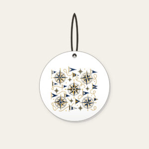 Compass Roses and Pennants Ceramic Ornament in white: Compass roses and pennants repeat in navy, gold and cream.