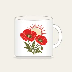Twin Poppies and a Rising Sun Mug in white: Two poppies beneath a rising sun in red, cream and olive.