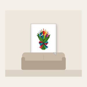 Pencil Bouquet Fleece Blanket in white: Colored pencils gathered like a bouquet in a green leaf wrapping with a red, teal and navy ribbon.