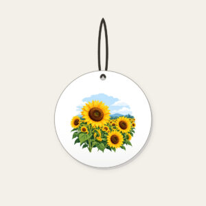 Sunflower Field Under a Pale Sky Ceramic Ornament in white: A field of yellow and brown sunflowers beneath a pale blue sky.
