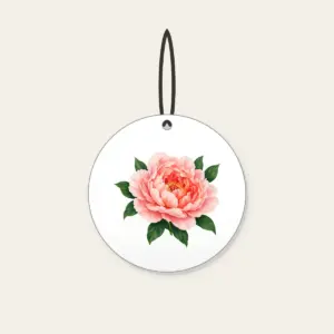 Full-Blown Peony with Green Leaves Ceramic Ornament in white: A full-blown peony in blush and coral with deep green leaves.