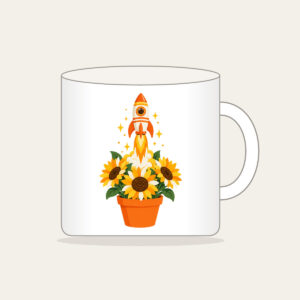 Striped Rocket in Sunflower Pot Mug in white: A small striped rocket lifts off from a pot of sunflowers in white, yellow and orange.