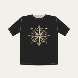 Compass Rose with Four Stars T-Shirt in black: A compass rose drawn in fine cream lines, with four tiny stars around it.